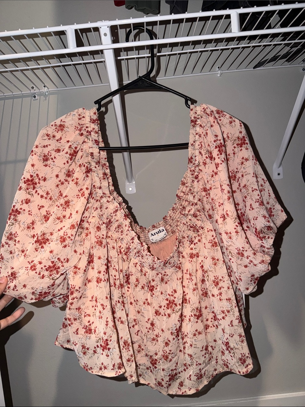 ARULA Blush Pink Floral Puff-Sleeve Peasant Top